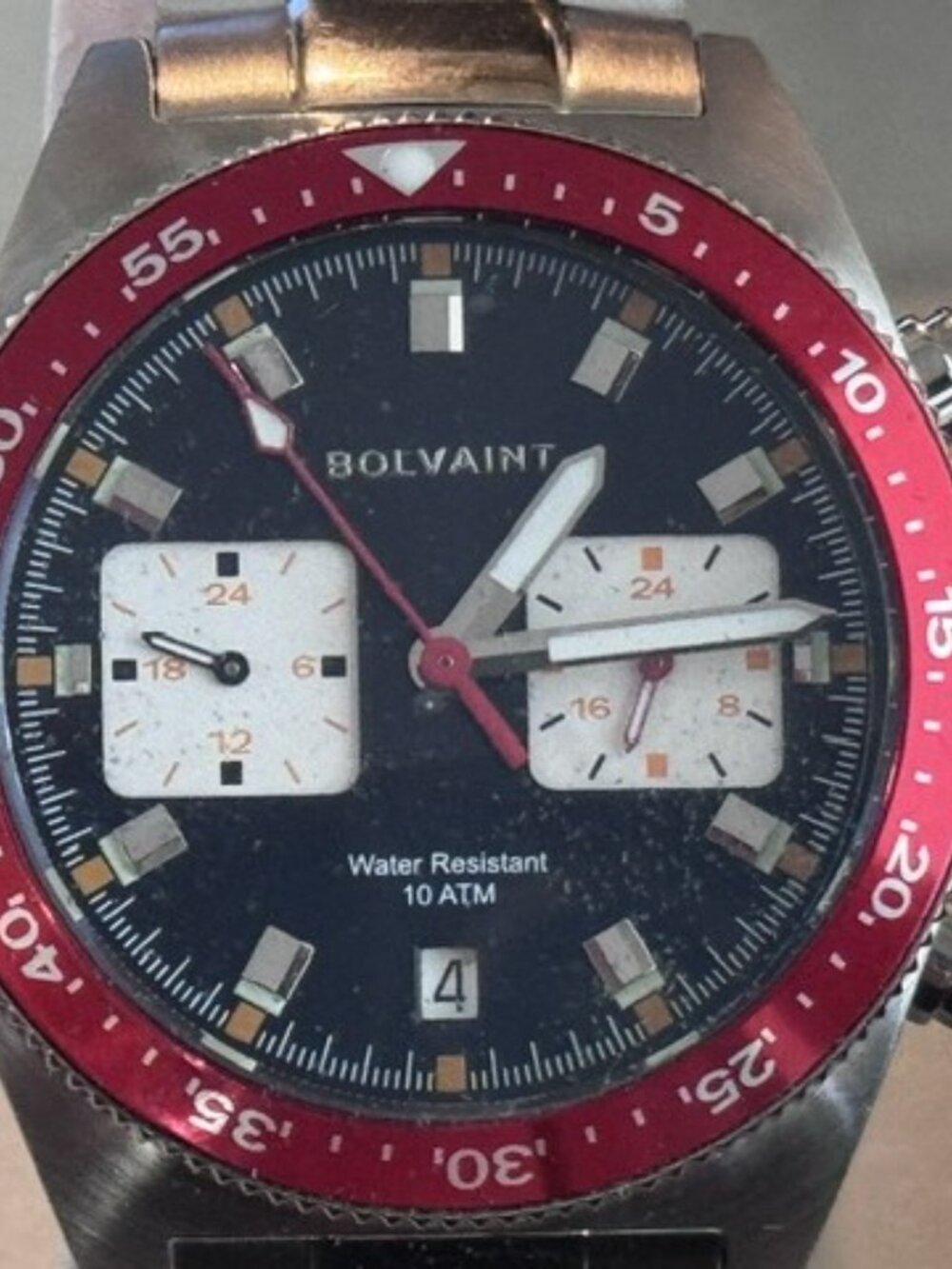 Bolvaint Paris Chronograph Watch – Red Bezel – Stainless Steel – Black Dial NIB